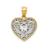 14K Gold Two-Tone Diamond Cut Heart Pendant, Reversible Filigree Design, 18x14mm